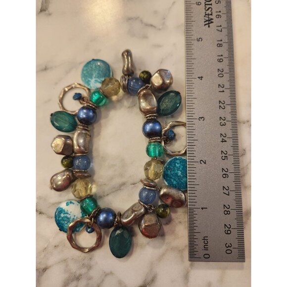 Vintage Beaded Stretch Bracelet With Silver-Tone Accents & Blue/Green Beads - Picture 2 of 2